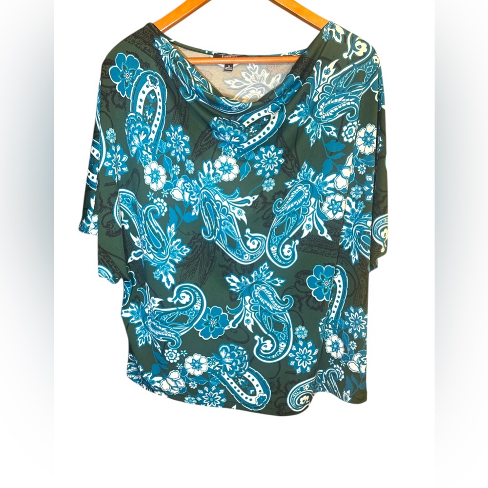 ELEMENTS EUC Cowl Neck Dolman Sleeve Blouse With Teal & White Floral Paisley